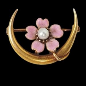 Krementz Antique Art Nouveau 14k Gold Pearl Enamel Moon Flower Brooch Pin 2.3g